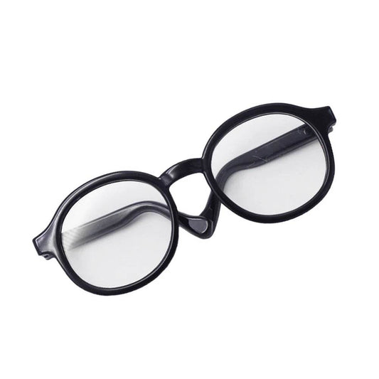 Black round plastic frame glasses for 17cm mini dolls with clear lenses.