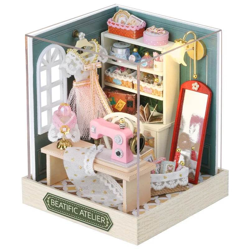 Miniature 3D DIY flower-themed dollhouse room with pink sewing machine, fabric, shelves, and mirror.