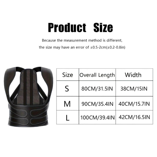 Black adjustable back brace with wide straps and reinforced support panels shown from rear view alongside size chart.
