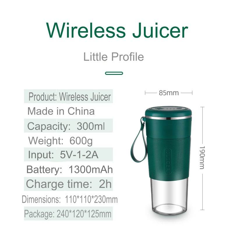 Compact green portable blender with transparent bottom and wrist strap, 300ml capacity, 19cm tall.