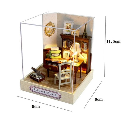 Miniature 3D flower house dollhouse with wooden furniture, piano, chair, lamp, and wall decor in clear display case.