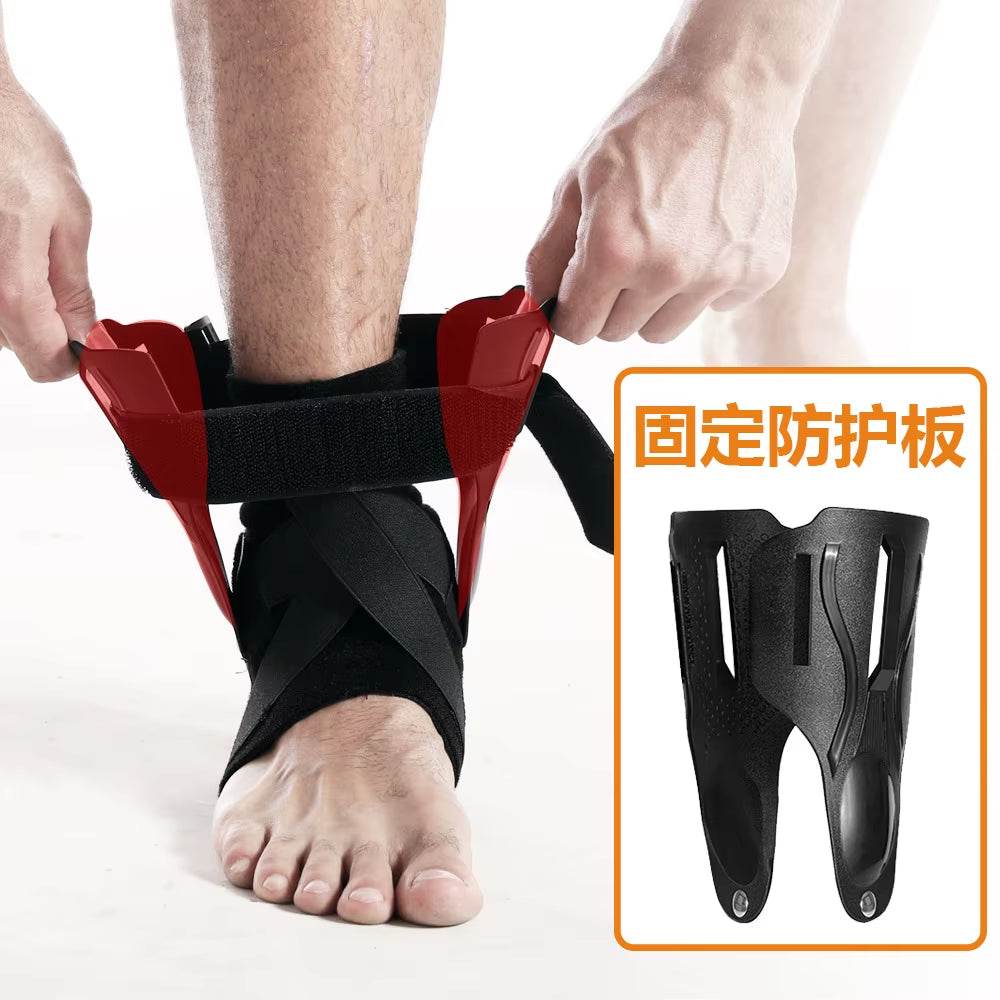Black ankle foot orthosis support brace with adjustable straps on a bare foot.