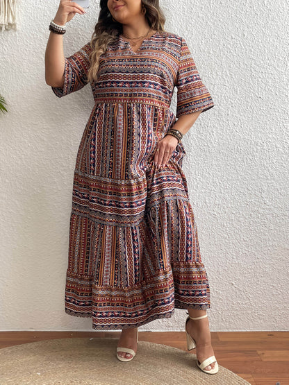 Plus Size All Over Print Tiered Dress, Vacation Notch Neck Short Sleeve Dress, Women's Plus Size Clothing - My Chroma Cart