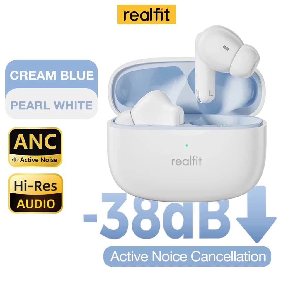 White wireless earbuds in a compact charging case with cream blue interior under ANC and Hi-Res Audio labels.