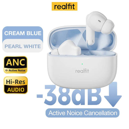 White wireless earbuds in a compact charging case with cream blue interior under ANC and Hi-Res Audio labels.