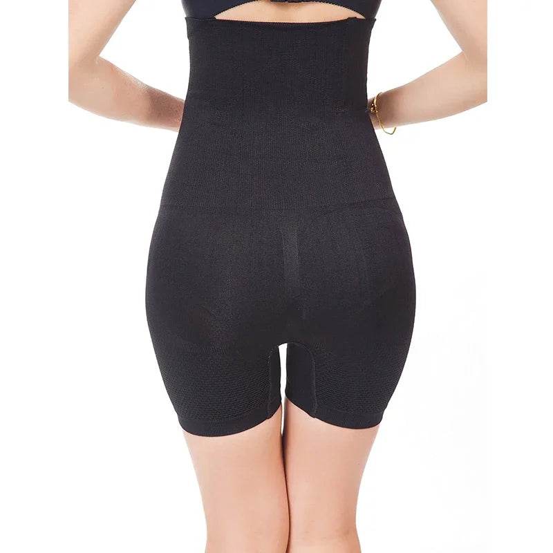 Black high waist compression shaper shorts with tummy and thigh control, seamless design.