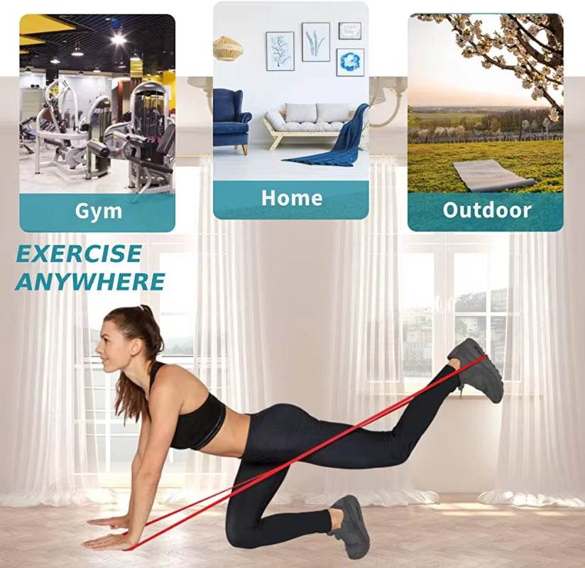 Yellow resistance band loop stretched by woman in black workout clothes performing leg exercise indoors.