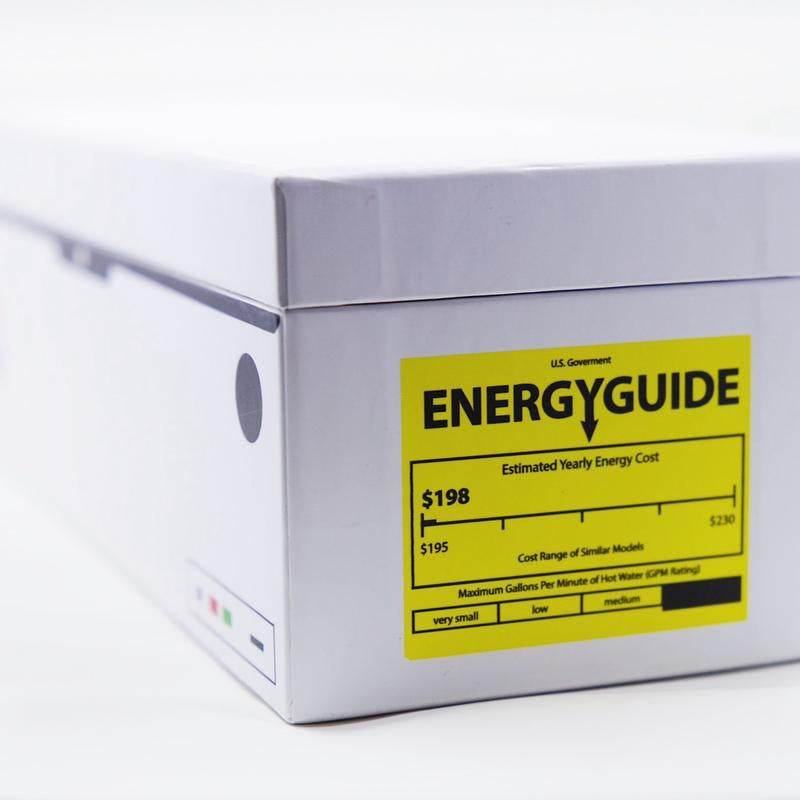 White rectangular box with yellow EnergyGuide label showing $198 estimated yearly energy cost.