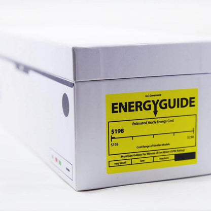 White rectangular box with yellow EnergyGuide label showing $198 estimated yearly energy cost.