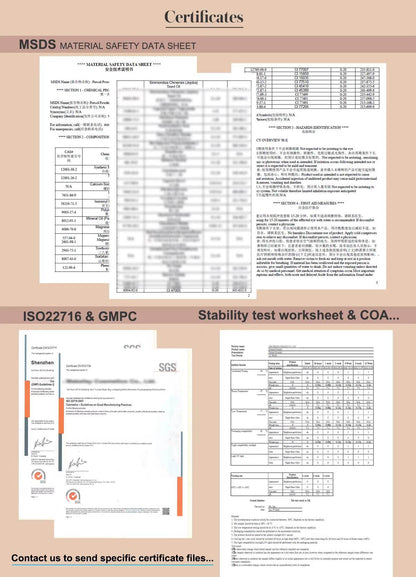 Certificate documents with detailed chemical and stability test data for eyeshadow palettes.
