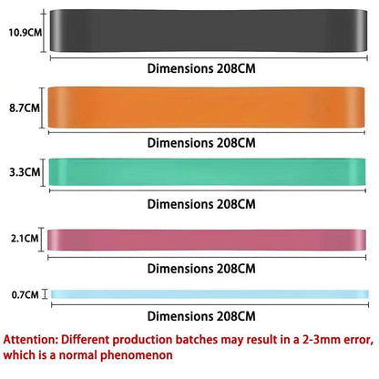 Set of five resistance bands in black, orange, green, pink, and blue with varying widths and 208cm length each.