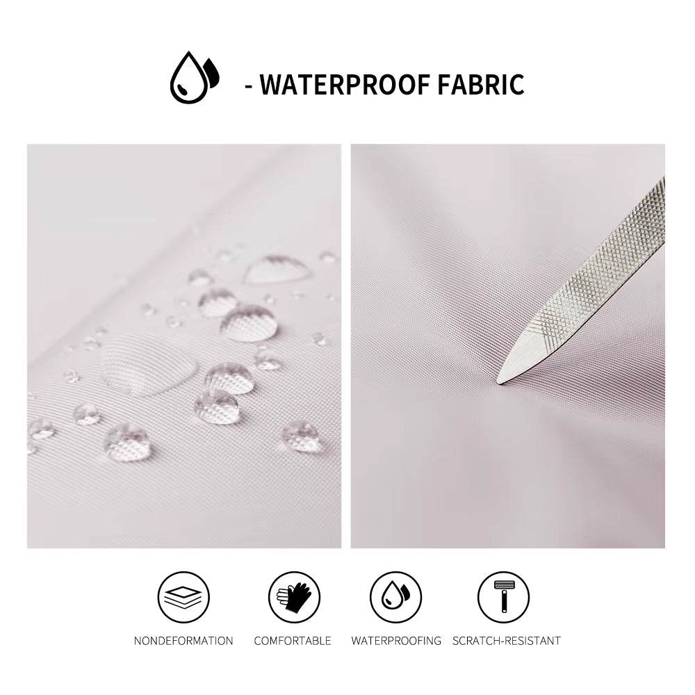 Close-up of light gray waterproof fabric with water droplets and metal knife showing stain resistance.