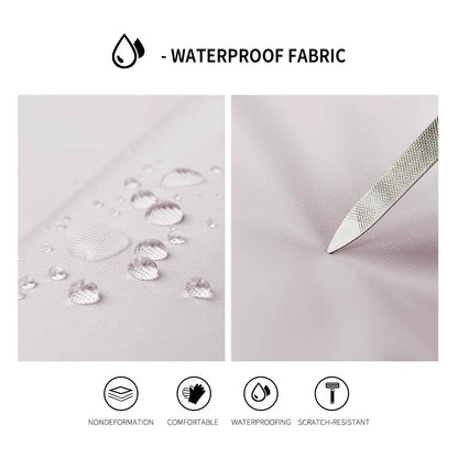 Close-up of light gray waterproof fabric with water droplets and metal knife showing stain resistance.