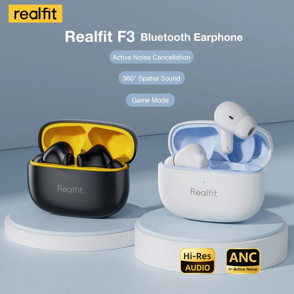 Black and white Realfit F3 Bluetooth earphones with charging cases, featuring active noise cancellation and Hi-Res Audio.