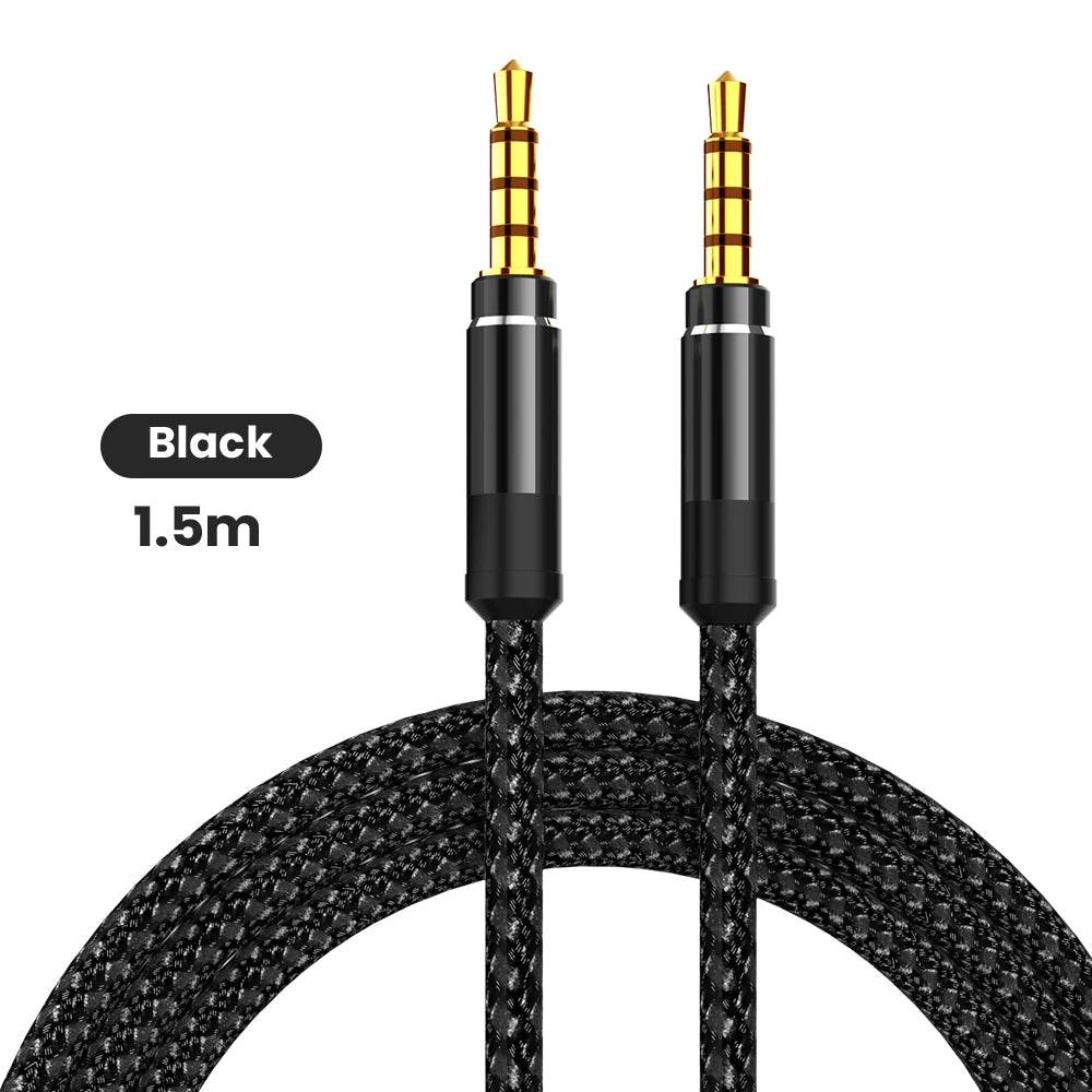 Black 1.5m braided nylon 3.5mm audio cable with gold-plated connectors.