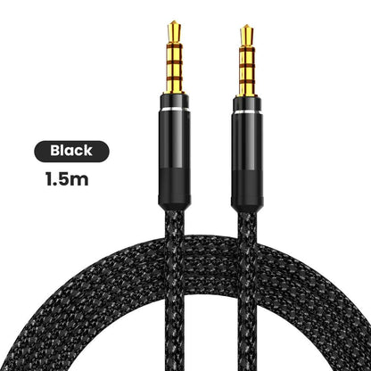 Black 1.5m braided nylon 3.5mm audio cable with gold-plated connectors.