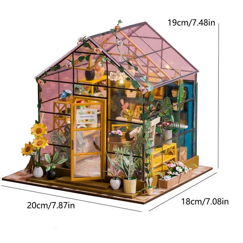 Miniature 3D flower house dollhouse with transparent pink roof, wooden frame, and detailed interior furniture and plants.