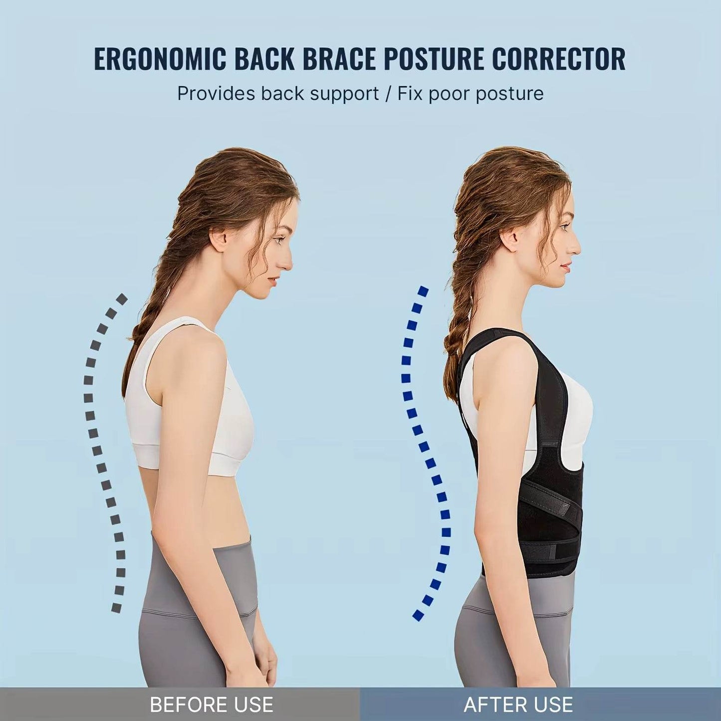 Woman wearing white tank and gray leggings showing curved spine before use and straight posture with black adjustable back.