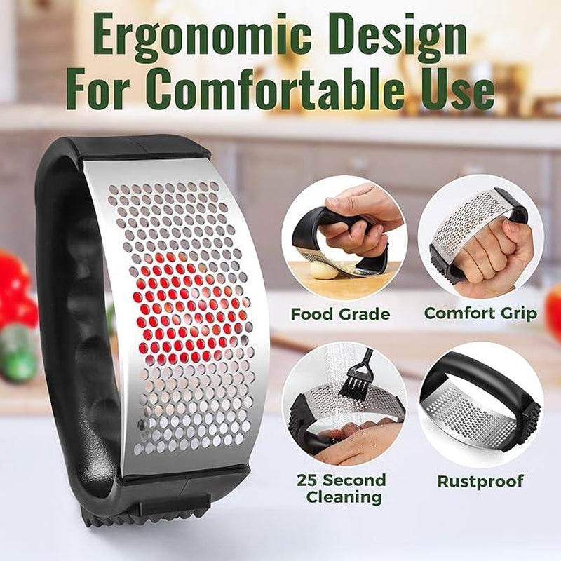 Garlic Press Rocker, Stainless Steel Garlic Mincer and Garlic Crusher, Easy-Squeeze Garlic Tool with Peeler and Cleaning Brush for Smashing Garlic Stainless Steel - My Chroma Cart