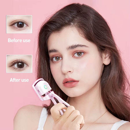 Mini pink rechargeable heated eyelash curler held near woman's eye with before and after lash close-ups.