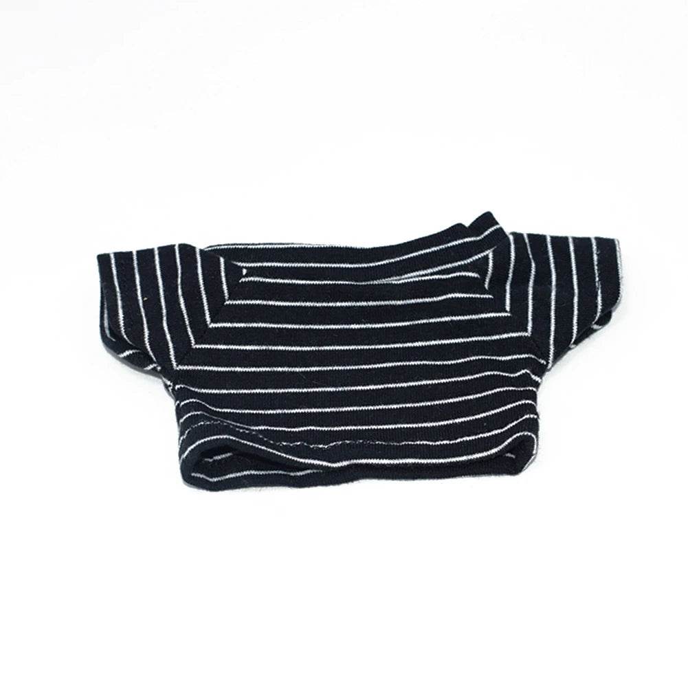 Black and white striped short-sleeve doll shirt with wide neckline.