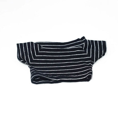 Black and white striped short-sleeve doll shirt with wide neckline.