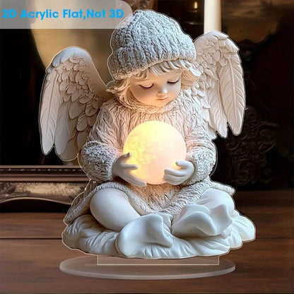 White 2D flat angel holding a glowing orb, wearing a knitted hat and sweater, seated on a pedestal.
