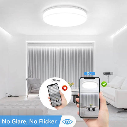 Round modern LED ceiling light in white, installed on a white ceiling in a bright living room with a sofa and armchair.