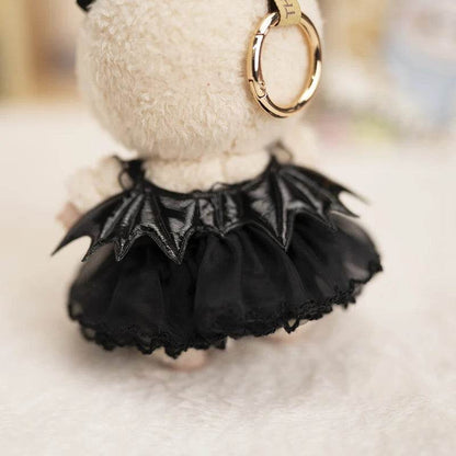 Black devil-themed wedding dress with bat wing collar and layered tulle skirt for 17cm doll.