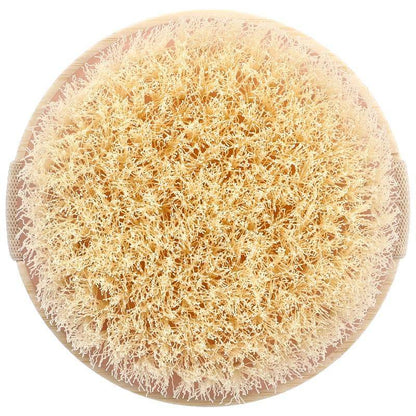 Round dry body brush with dense natural bristles and wooden base handles on the sides.