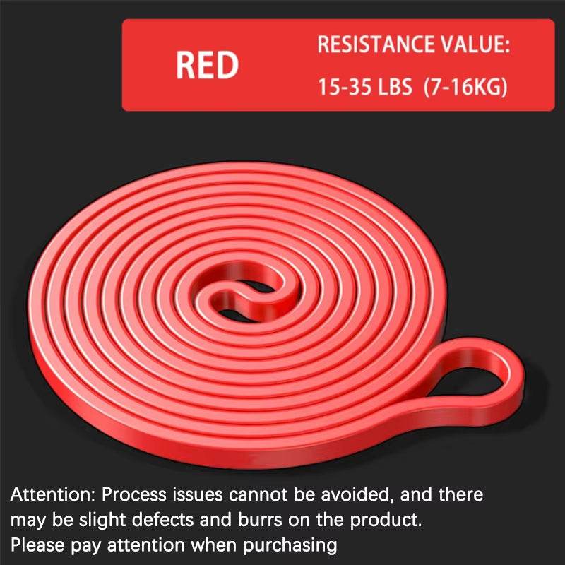 Red heavy resistance band loop with 15-35 lbs resistance, coiled on black background.