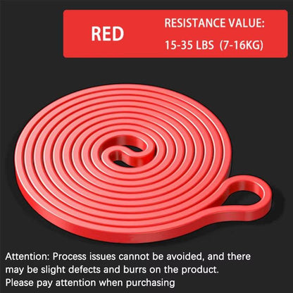 Red heavy resistance band loop with 15-35 lbs resistance, coiled on black background.