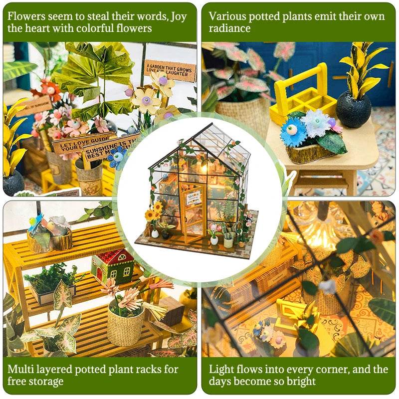 Miniature 3D DIY flower house kit with detailed furniture and vibrant potted plants.