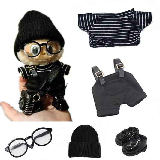 Black knit beanie, round black glasses, striped navy shirt, black overalls, and black shoes for 17cm doll.