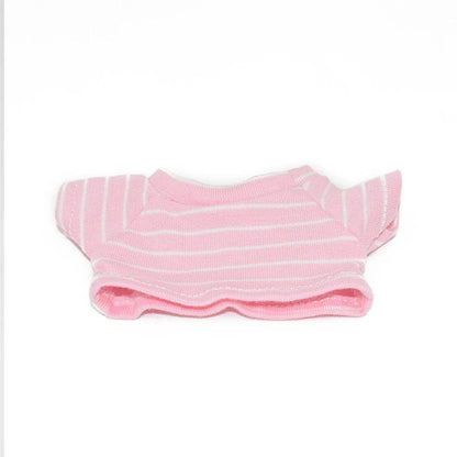Pink and white striped short-sleeve doll shirt with crew neckline.