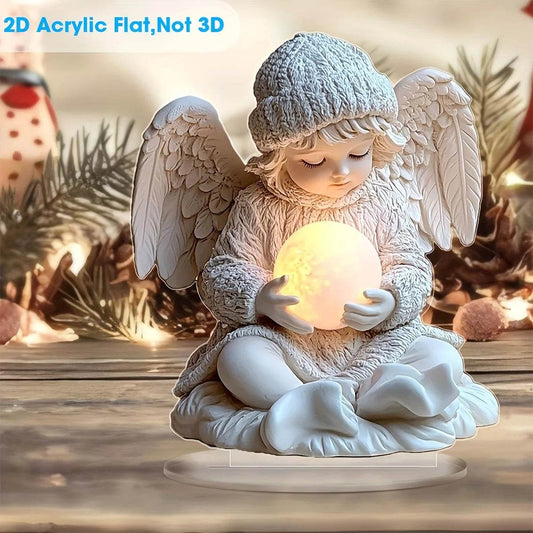White 2D angel figurine with knit hat holding glowing orb, seated on round pedestal.