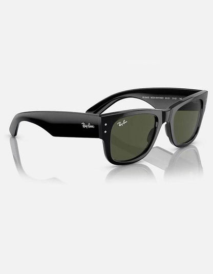 Black oversized Wayfarer sunglasses with dark green lenses and glossy frames.