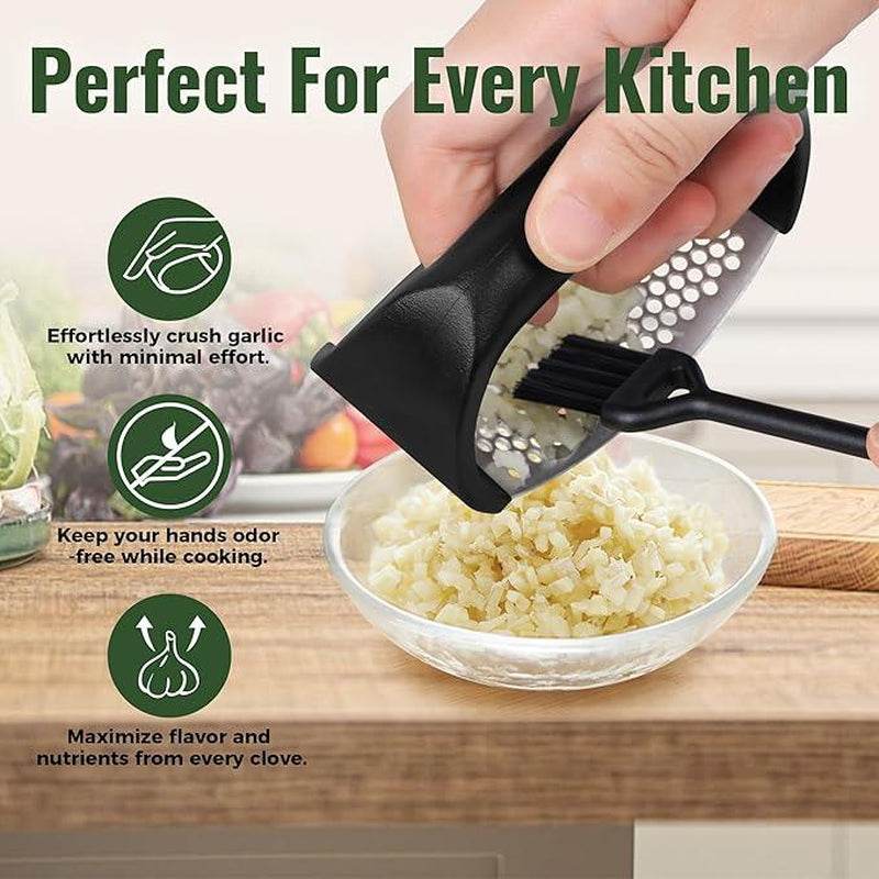 Garlic Press Rocker, Stainless Steel Garlic Mincer and Garlic Crusher, Easy-Squeeze Garlic Tool with Peeler and Cleaning Brush for Smashing Garlic Stainless Steel - My Chroma Cart